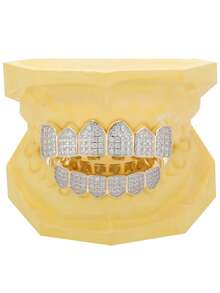 1 件铜方晶锆石牙套，男女通用嘻哈风格牙齿饰品，适合派对、万圣节、角色扮演 - 銀色 - 查看 3