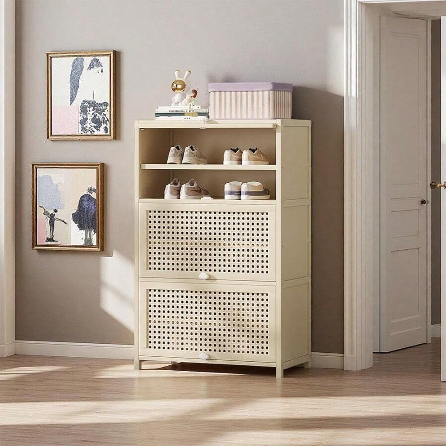 7Tier Shoe Rack Cabinet With Flip Doors Wooden Dustproof Shoe Storage Organizer 60*32*106cm SpaceSaving Entryway And Hallway Shoe Cabinet Milk White