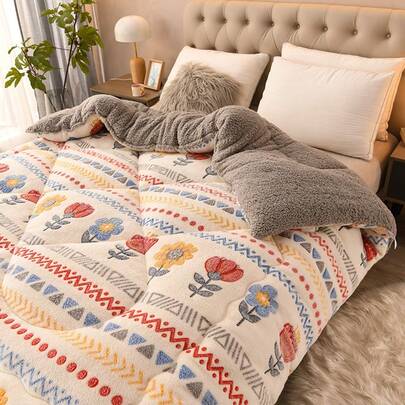 Luxury Bohemian Floral & Geometric Plush Comforter - Ultra Soft, Warm For All Seasons, Machine Washable, Ideal For Bedroom & Guest Room, Perfect Christmas Gift, Bohemian Style Blanket Polyester Fabric