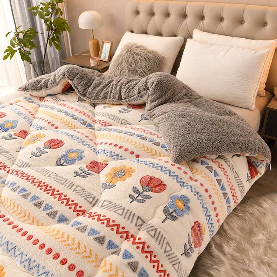 奢华波西米亚花卉和几何毛绒被子 - 超柔软，四季皆宜，可机洗，适合卧室和客房，完美的圣诞礼物，波西米亚风格毛毯涤纶面料
