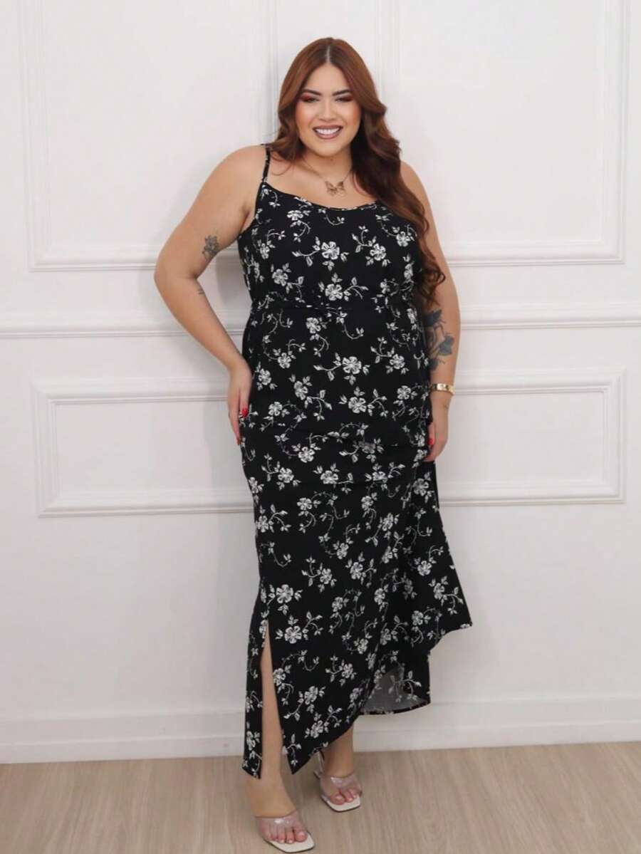 Women's Plus Size Printed Long Dress - 黑色 - 查看 1