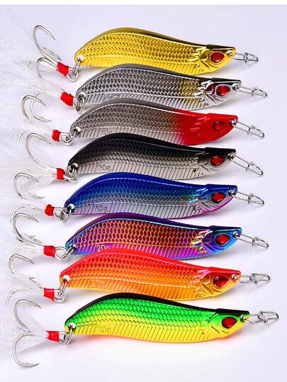 TACKLEPIONEER 1 Paquete de Señuelo de Pesca de Metal en Forma de S con Ojos de Pez 3D Simulados, Escamas con Láser y Anzuelos Triples con Plumas. Adecuado para Arrastre, Lanzamiento y Pesca con Cabeza de Plomo para Lubina y Trucha.