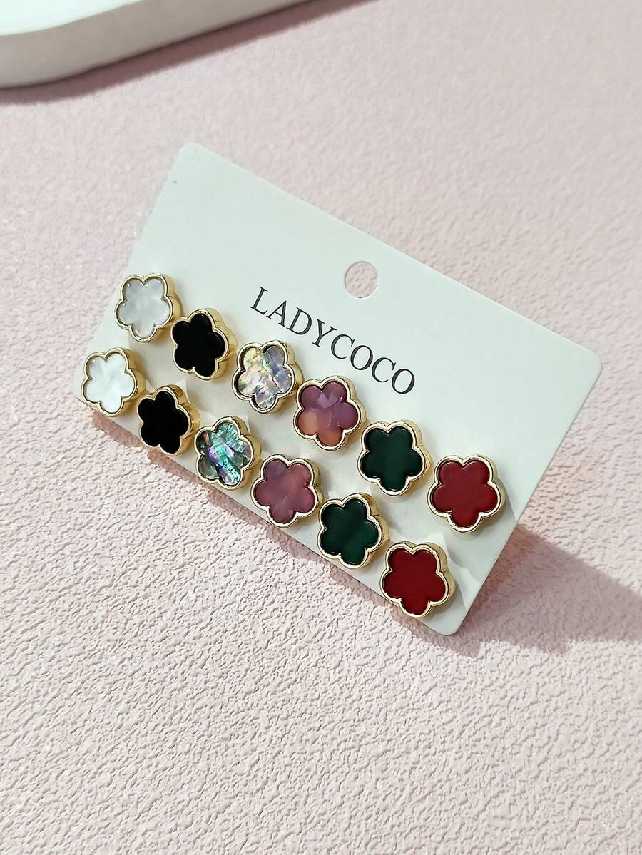 LADYCOCO 6对时尚优雅多色四叶草耳钉，适合女性日常搭配，珠宝耳环套装