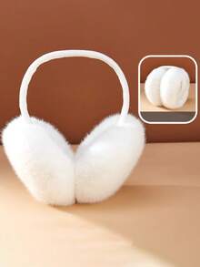 FADZOYLE 1个白色可折叠蓬松羊毛耳罩，可爱女士耳罩，可调节头带带保暖内衬，冬季耳罩 - 細桿-白色 - 查看 2