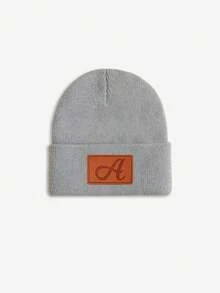 1pc Baby Leather Patch Vintage Letter Decor Grey Beanie, Choose From 26 Letters, Soft & Comfortable Unisex Infant Autumn/Winter Warm Hat, Suitable For Holidays, Birthdays, Daily Wear - Grey - View 21