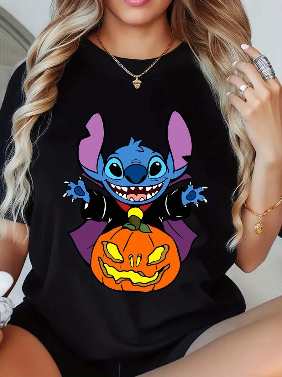 Disney Halloween Stitch Graphic Print T-Shirt, Autumn Stitch Women's Round Neck Short Sleeve, Loose And Casual Fall Top, Perfect For Birthdays, Halloween, Thanksgiving, Christmas, Family Gatherings, Beach Vacations, And Casual Outings (S-5XL) - 黑色 - 查看 1