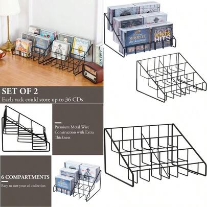 MyGift 3Tier Modern Matte Black Metal Wire CD Storage Rack Tabletop Compact Disc Jewel Case Holder Step Tier Office Desk Media Organizer Set Of 2