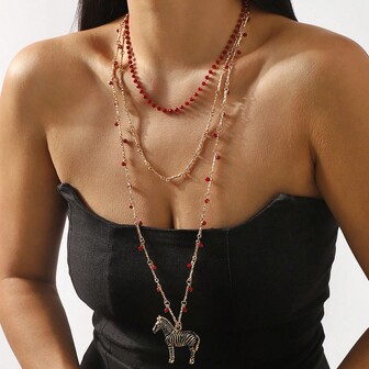 5pcs Vintage Enamel Zebra Animal Pendant Earrings Necklace Set, Handmade Multi-Layer Beaded Zebra Jewelry With Stylish Design, Perfect Jewelry Gift For Women