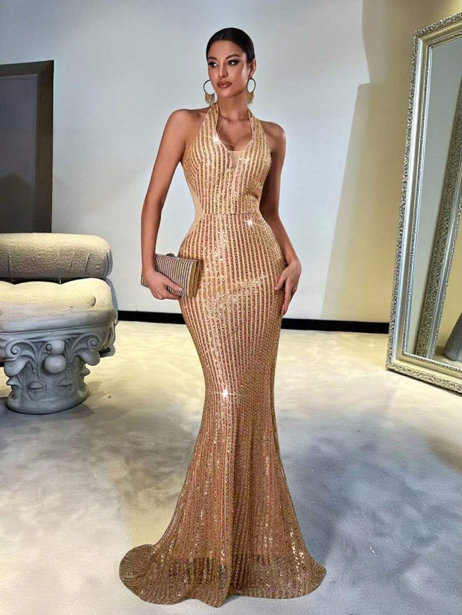 Elegantes Damen Abendkleid mit V-Ausschnitt, Pailletten und rückenfreier Passform, stilvolle Neuheit für Frühling/Sommer