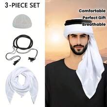 3-Piece Set Arabic Men's Headscarf, Middle East Dubai Shawl Scarf, Includes 1 Solid Bohemian Polyester Headband And 1 Hand-Knitted White Cap, Boho Style, Suitable For Middle East Travel/Arabic Outfit/Bohemian Fashion