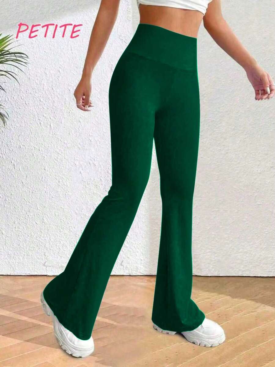 PETITE Solid High Rise Flared Straight Leg Pants - Green - View 1