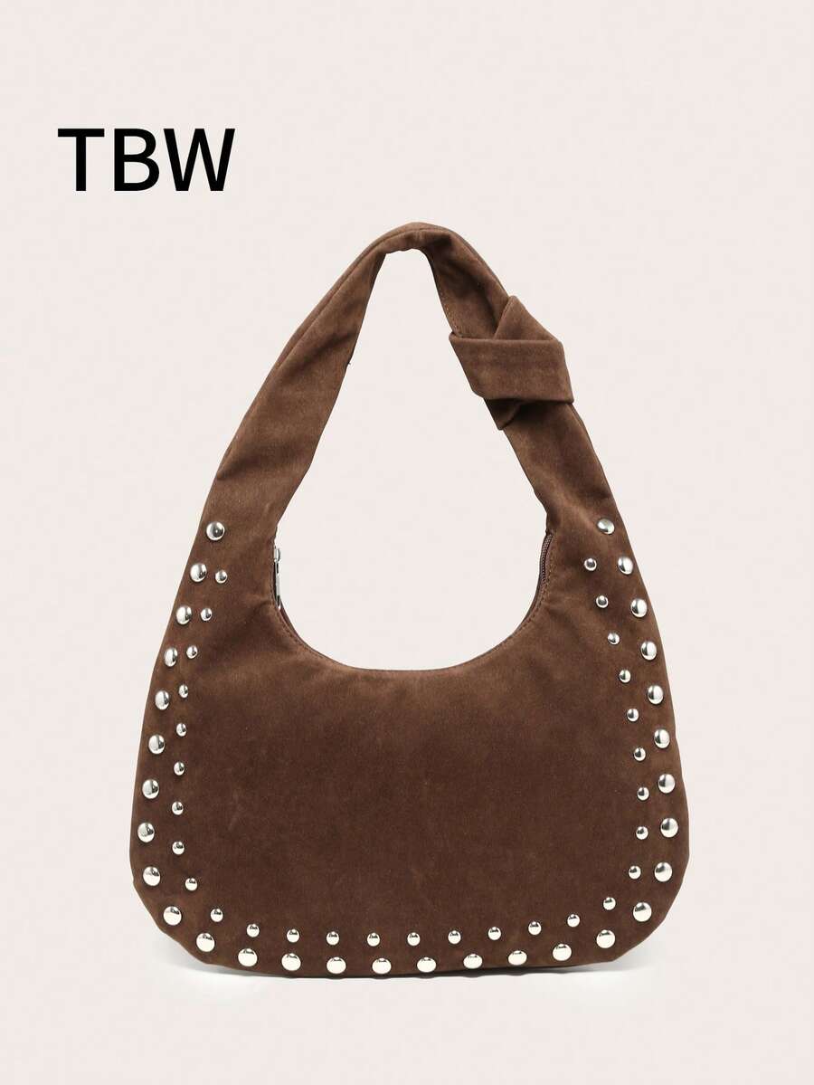 Women's Crescent-Shaped Shoulder Bag, Solid Color, Rivet Decor, Vintage Large Capacity, Multi-Functional Commuter Style, Shoulder/Underarm Crossbody Bag, Outdoor - Brown - View 1