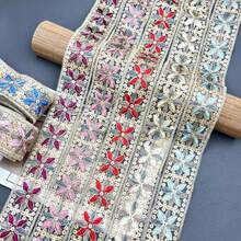 10 Meter lebendige bestickte Organza-Spitze - Chinesischer Stil, transparentes goldenes Blumenmuster mit Pailletten und Quasten, geeignet für DIY-Basteleien, Accessoires, Bekleidungsbesätze, Damen-Wäsche (Pink/Rot/Blau/Türkis), bestickter Spitzenbesatz