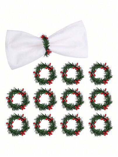 1pc/6pcs/12pcs Christmas Napkin Rings , Pine Needles Wreath With Red Berry Napkin Holder For Man&Woman, Reusable Family Gathering, Banquet, Xmas Serviette Buckles For Table Setting (Pine Needles&Berry),Christmas Party Holiday Supplies.
