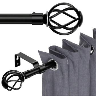 1 套重型可调节窗帘杆，适用于 21-158 英寸窗户，带扭曲装饰笼顶饰，黑色窗帘杆套装带支架，非常适合窗户和浴帘、家居装饰、卧室窗帘，5/8 英寸直径窗帘杆圣诞装饰
