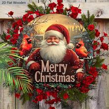 Christmas Cardinal Wooden Wreath Sign, Hanging Santa Claus Holiday Decoration, Festive Front Door Wall Decor With Seasonal Greetings, Durable Wood Material With Traditional Design For Yuletide Cheer