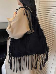 New Women's One Shoulder Underarm Crescent Moon Bag, Large Capacity Tote Bag, Fashion Street Style Tassel Decor, Chic Solid Color Suede Fabric, High-Quality Feel, Suitable For Travel, Shopping, Dating And Other Versatile Occasions