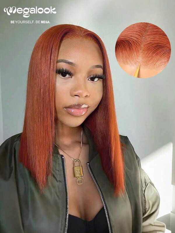 MEGALOOK Peluca recta de cabello humano 100% de color marrón jengibre con densidad del 200%, con cierre de encaje transparente de 6x5 pulgadas, doble dibujado, de alta calidad de salón, sin pegamento, con nudos invisibles, línea de cabello natural y una tapa duradera y transpirable.