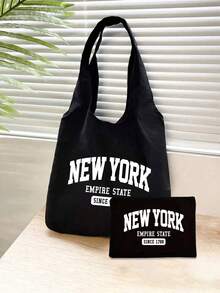黑色时尚“纽约”字母印花帆布手提包，配有简约肩带，附赠小型化妆包，女士便携购物袋，是送给纽约女士的理想礼物，女士手提包，休闲百搭包，经典设计，结实耐用的手柄，时尚爱好者的必备单品，旅行配件，轻便百搭包，是送给家人、朋友、爱人或同学的完美礼物，尤其适合感恩节。 - 彩色 - 查看 1