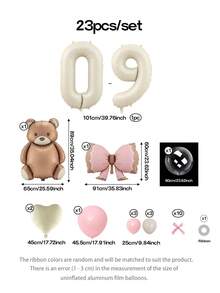 23pcs/Set 40-Inch (Approx. 101cm Height) Cream Color 0-9 Number Balloons, Giant Brown Bear Foil Balloon, Matte Pink Bow Balloons, 18-Inch Macaron Pink Latex Balloons, 24-Inch Clear No-Tie Bubble Balloons, 10-Inch Macaron Pink & Vintage Beige Latex Balloons, Pink Bows, Suitable For Birthday Party Decorations, Baby Shower - Multicolor - View 2