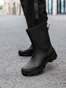 女士雨靴，条纹工装风PVC（聚氯乙烯）户外女士防水抽绳靴，四季防水靴，黑色中筒防水鞋，格子图案女士雨靴，男士户外工作防水靴，橡胶靴 - 黑色 - 查看 4