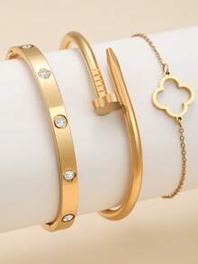 Fashionable European And American Four-Leaf Clover Shaped Zirconia Inlaid Women's Bracelet Set, Suitable For Multiple Occasions, Can Be Stacked, Also Suitable As A Gift For Friends - Yellow Gold - View 9