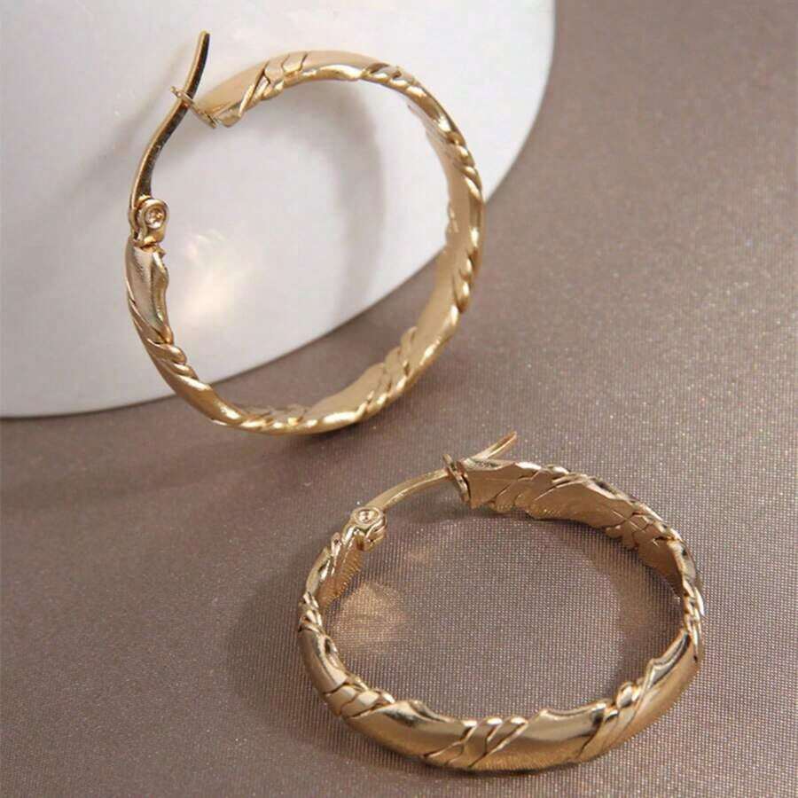 1pair Fashionable Stainless Steel Gold Hoop Earrings With Simple Patterned Design For Women's Daily Wear Clothing & Accessories - Vàng - Xem 1