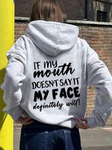 Women's Fashionable Autumn/Winter Hooded Pullover Sweatshirt, Soft & Comfortable Thermal Lined Casual Top. Women's Leisure Thermal Lined Sweatshirt With Collegiate Style Graphic Print, Radiating Youthful Vitality. Suitable For Running, Lounging, Gatherings, Parties, Etc. Provides Warmth In Autumn/Winter, Suitable For Activities Like Running And Exercising. Oversized Thick Hooded Sweatshirt For Women, Fits Street Style And Outdoor Wear, Suitable For Autumn/Winter. - Grey - View 3