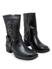 Women Buckle Strap Combat Boots Mid Calf Chunky Heel Motorcycle Boots For Women Casual Vintage Style Non-Slip Riding Boots Faux Leather Winter Shoes Durable Side Zipper Lace Up Rugged Outdoor Footwear Comfortable Everyday Boots - 黑色 - 查看 2