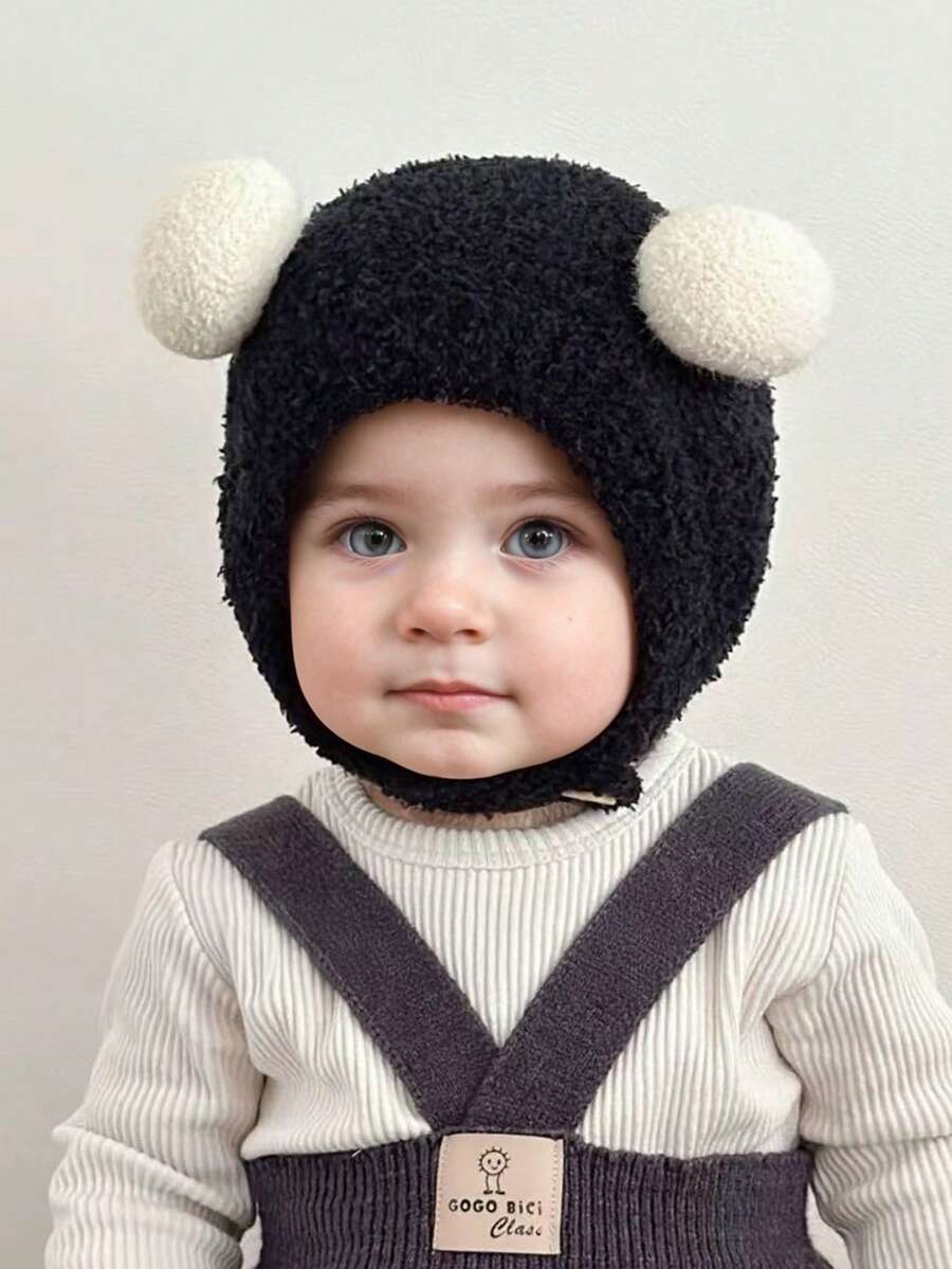 1 buah Topi Bayi Warna Polos dengan Pom-Pom Ganda untuk Natal, Topi Musim Dingin Hangat untuk Telinga, Hadiah Natal untuk Bayi - warna padat - View 1