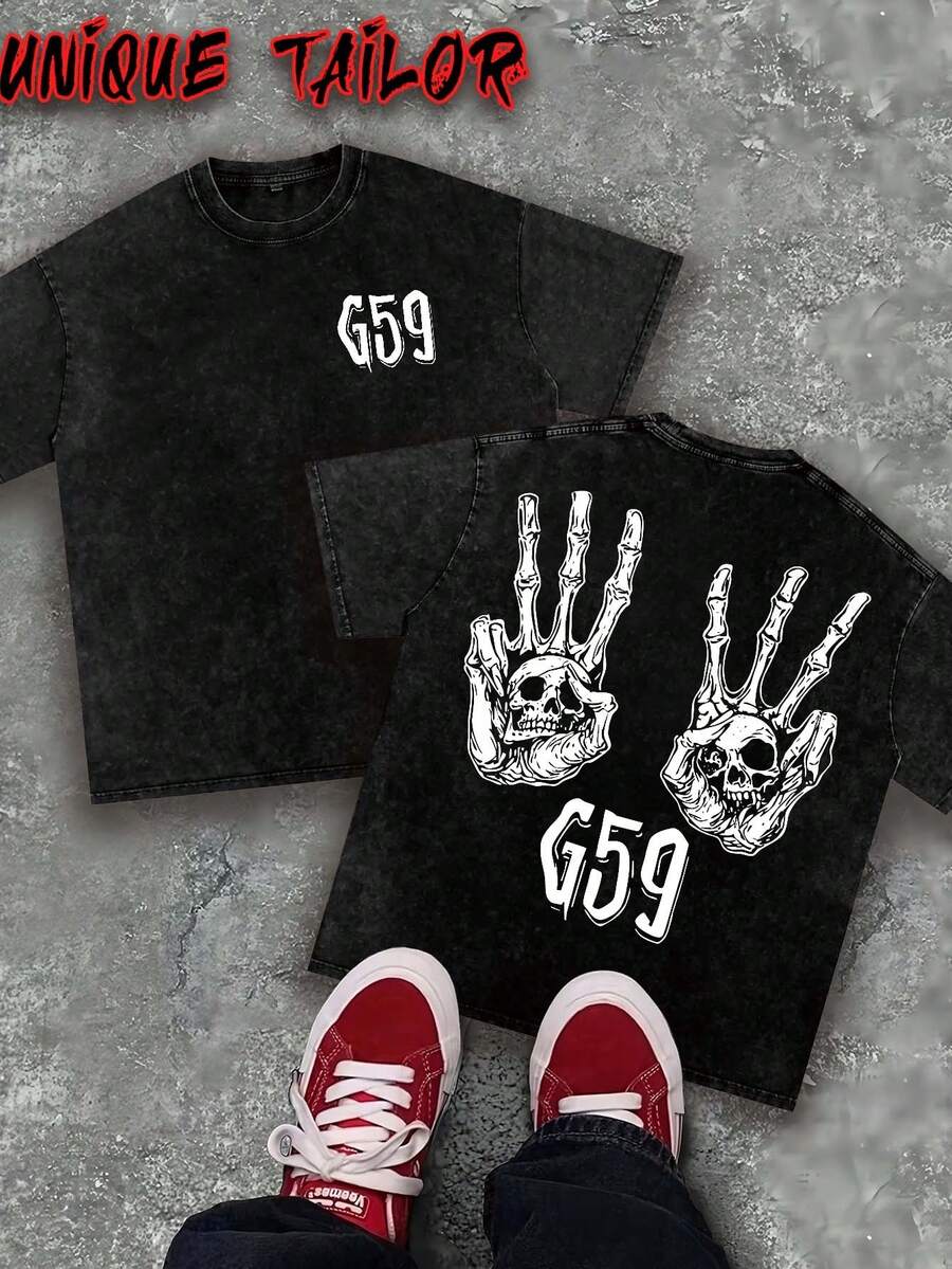 Unique Tailor -230g Double-Sided Washed Cotton, Dark Style Skull Gesture "G59" Printed T-Shirt, High-Quality Wax Printed Cotton Retro Fashion Brand T-Shirt, Men's T-Shirt, Beach Essential, Summer T-Shirt, Holiday Gift, Perfect Gift - 黑色 - 查看 1