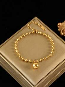 1 Set de Joyería de Collar con Colgante de Cuentas Redondas de Acero Inoxidable + Pulsera + Aretes, Adecuado para Regalo y Uso - Amarillo Oro - Ver 3