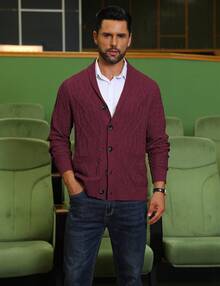 URRU Mens Shawl Collar Cardigan Sweater Casual Slim Fit Button Down Cable Long Sleeve Knitted Sweater With Pockets - Burgundy - View 4