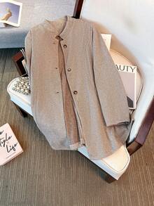 Plus Size Women Herringbone Pattern Woolen Fabric Stand Collar Single-Breasted Long Sleeve Mid-Length Blazer Jacket, Suitable For Commuting, Daily Wear, Dates, Airport In Autumn/Winter - Brown - View 2
