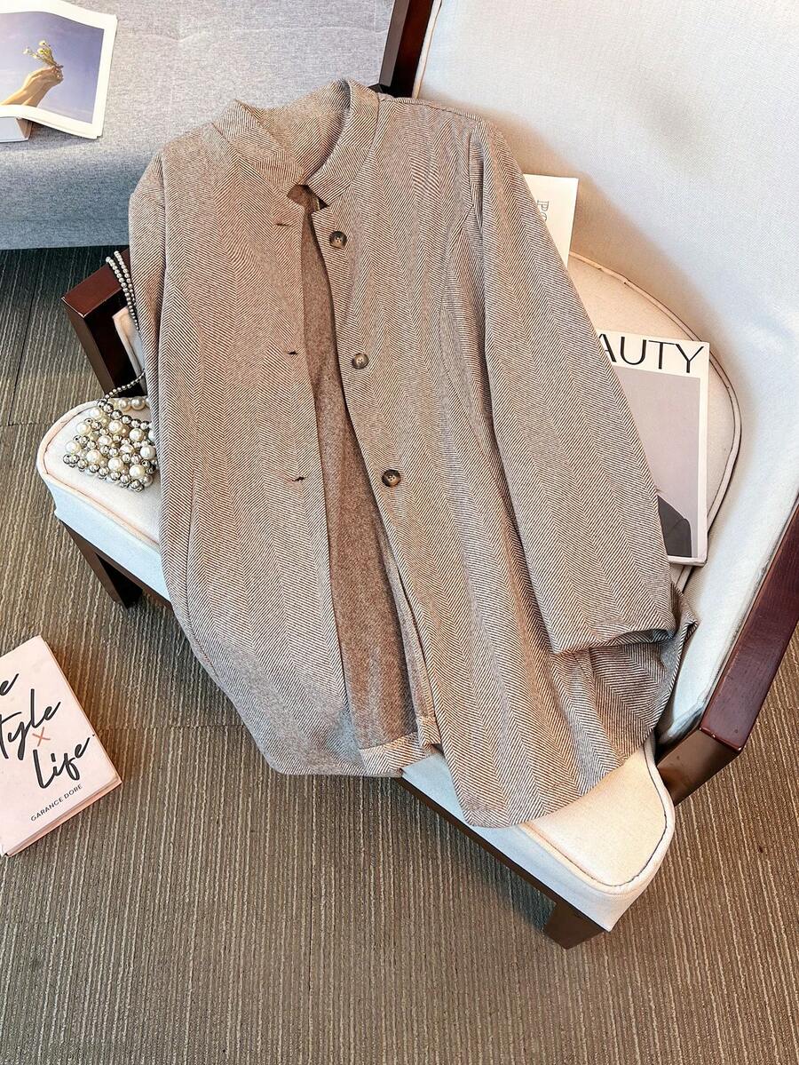 Plus Size Women Herringbone Pattern Woolen Fabric Stand Collar Single-Breasted Long Sleeve Mid-Length Blazer Jacket, Suitable For Commuting, Daily Wear, Dates, Airport In Autumn/Winter
