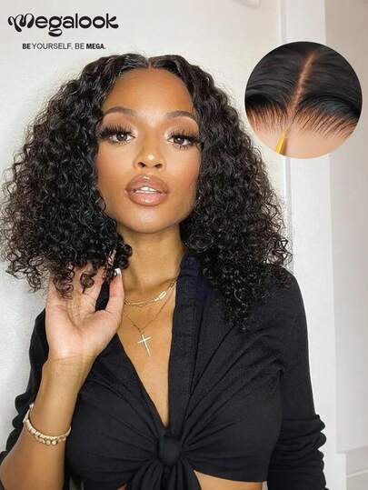 MEGALOOK 12-14英寸杰瑞卷短波波头假发，100%真人发丝，预剪6英寸深蕾丝前假发，预拔毛，6x6透明蕾丝闭合假发，适合初学者，易于佩戴，自然黑色卷发假发 - 全天舒适，自然发际线，隐形假发，日常佩戴，办公室，派对造型，Y2K风格，度假，户外活动，周日盛装，角色扮演，学校，节日，圣诞派对，返校季