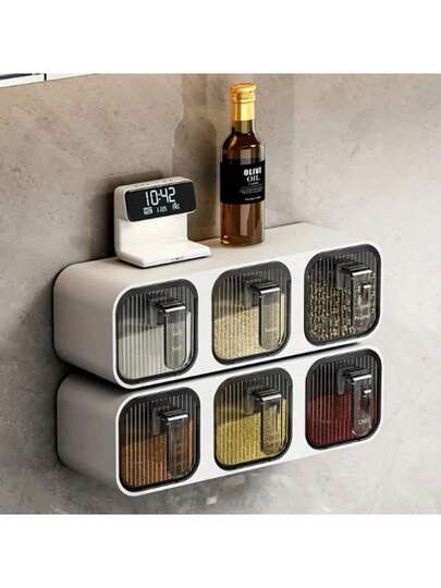 EYSENC 1个三格壁挂式调料罐，带勺子和盖子，可存放咖啡豆、糖、茶叶、盐、糖果和其他调味料，PS材质，无需钻孔，防锈，厨房配件，调料收纳瓶，厨房用品