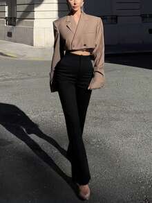 女士休闲优雅高腰直筒黑色长裤，适合日常外出、办公室通勤、居家、约会、小型聚会、轻松社交场合、圣诞节、新年等场合。 - 黑色 - 查看 7