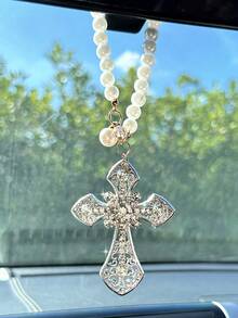 1pc Rhinestone Cross Shaped Alloy Car Interior Rearview Mirror Pendant Decoration - one-size - View 4