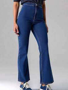 Jeans Mujer High Waist Flare Mezclilla Ultra Elástica Corte Ajustado en Cadera Acampanado - Azul Marino - Ver 1