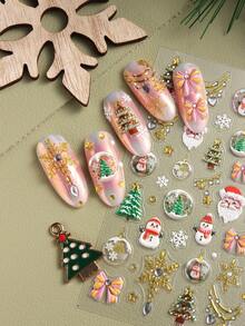 5D Goldene Weihnachts-Nagelkunst-Aufkleber, Geprägte Winterkristallkugel-Nageldekore, Schneemann, Schneeflocken, Weihnachtsbaum, Weihnachts-Nageldesigns, Maniküre-Accessoires, Weihnachts-Nagelaufkleber für Nagelkunstdekorationen