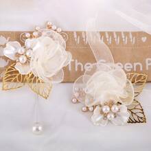 2 piezas Conjunto de Corsage de Muñeca + Broche, Mujer Elegante Organza Rosa Dorado Hoja Falsa Rosa Corsage de Muñeca y Broche, Novia Novio Dama de Honor Padrino Decoración de Boda, Fiesta Baile Accesorios