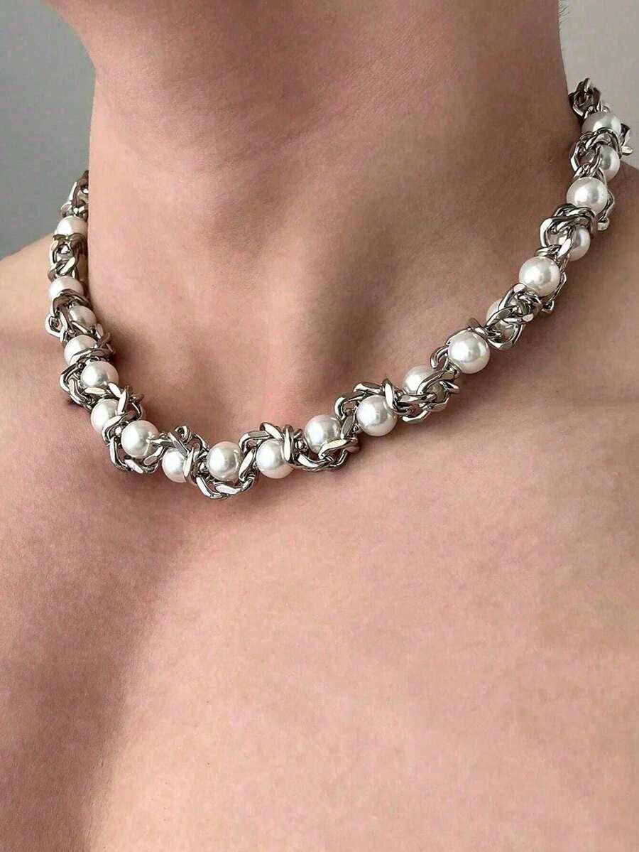 1 Piece European And American  Personalized Creative Imitation Pearl Thorn Splicing Burst Bead Chain Winding Necklace Suitable For Men And Women As Gifts Silver Necklace Non-Fading - 彩色 - 查看 1