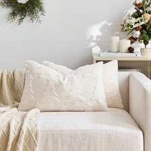 1pc/2pcs Beige Christmas Tree Embossed Decorative Pillow Cover (Pillow Insert Not Included), Reversible Dutch Linen Fabric, Square Cushion Cover, Holiday Home Decor Pillow, Soft Velvet Fabric, Modern Decor For Sofa, Bedroom, Dorm - Beige - View 10