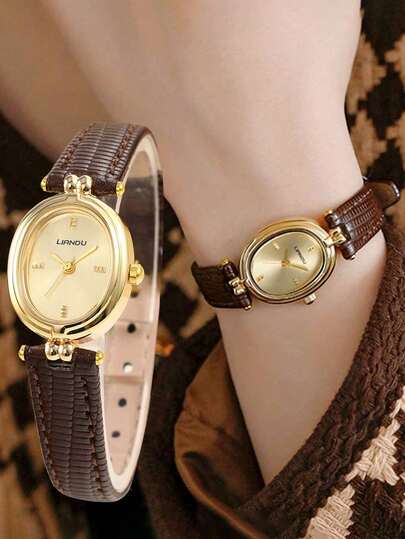 LIANDU LIANDU ساعة يد نسائية قديمة الطراز، أنيقة وبسيطة وعصرية، علبة بيضاوية، حزام من البولي يوريثان، قرص صغير أنيق ومرصع بالراين ستون، مناسبة للارتداء اليومي، هدايا أعياد الميلاد، المناسبات والاحتفالات، هدية مثالية لنفسك أو لأصدقائك