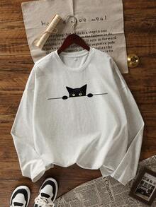 女式可爱猫咪印花长袖 T 恤，休闲百搭圆领上衣，适合分层穿着，秋冬 - 淺花灰 - 查看 3