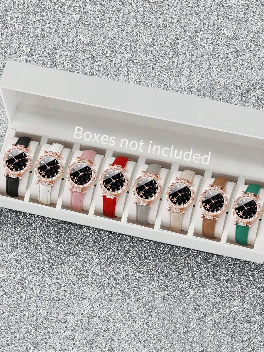 1/8 件套女士时尚休闲水钻镶嵌数字花朵表盘石英手表情人节套装 - 彩色 - 查看 1