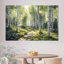 1 件聚酯纤维墙饰，带有桦树林壁画，具有阳光和茂盛绿叶的树冠，非常适合家居装饰、派对和活动、派对背景 - 桦树壁画