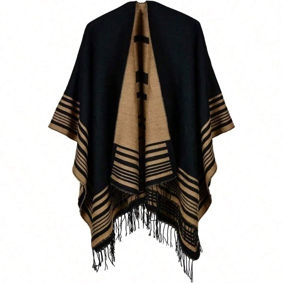 Women's Warm Shawl Wrap Cape Winter Cardigan Sweaters Open Front Poncho - A22-黑色 - 查看 1
