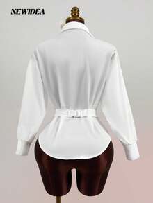 Elegant Women's White Satin-Like Long Sleeve Collared Shirt - Belted Button Front Blouse For Office, Going Out & Daily Wear